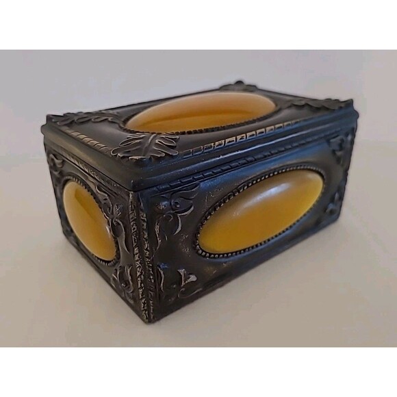 Vintage Art Deco Bakelite Trinket Box Lid Bronze Yellow Gold 4.5"  X 3" Quoizel - Picture 3 of 10